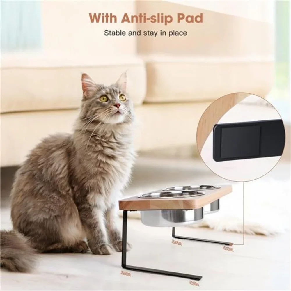 Elevated Cat Bowls, 15° Tilted Raised Cat Food Bowls Wood Pet Bowls with Stand